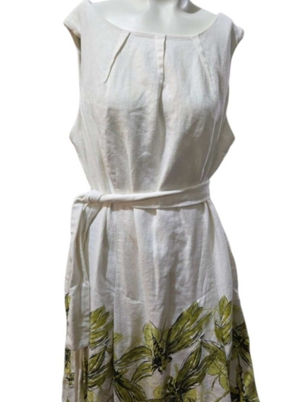 Talbots Woman 14W White Green Floral Border Print Belted Sleeveless Dress